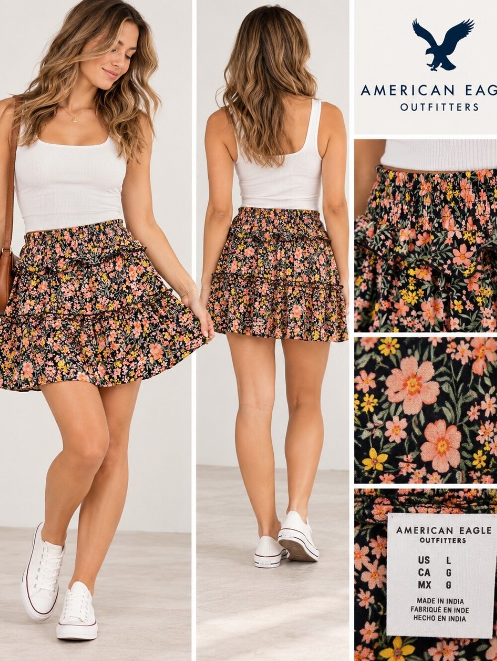 🌼 American Eagle Floral Ruffle Tiered Mini Skirt Size Large